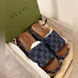 Gucci Blue Platform Sandals with Iconic GG Pattern